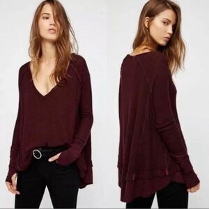 Free People We The Free Maroon Layered Laguna Thermal Waffle Knit Top EUC Size S